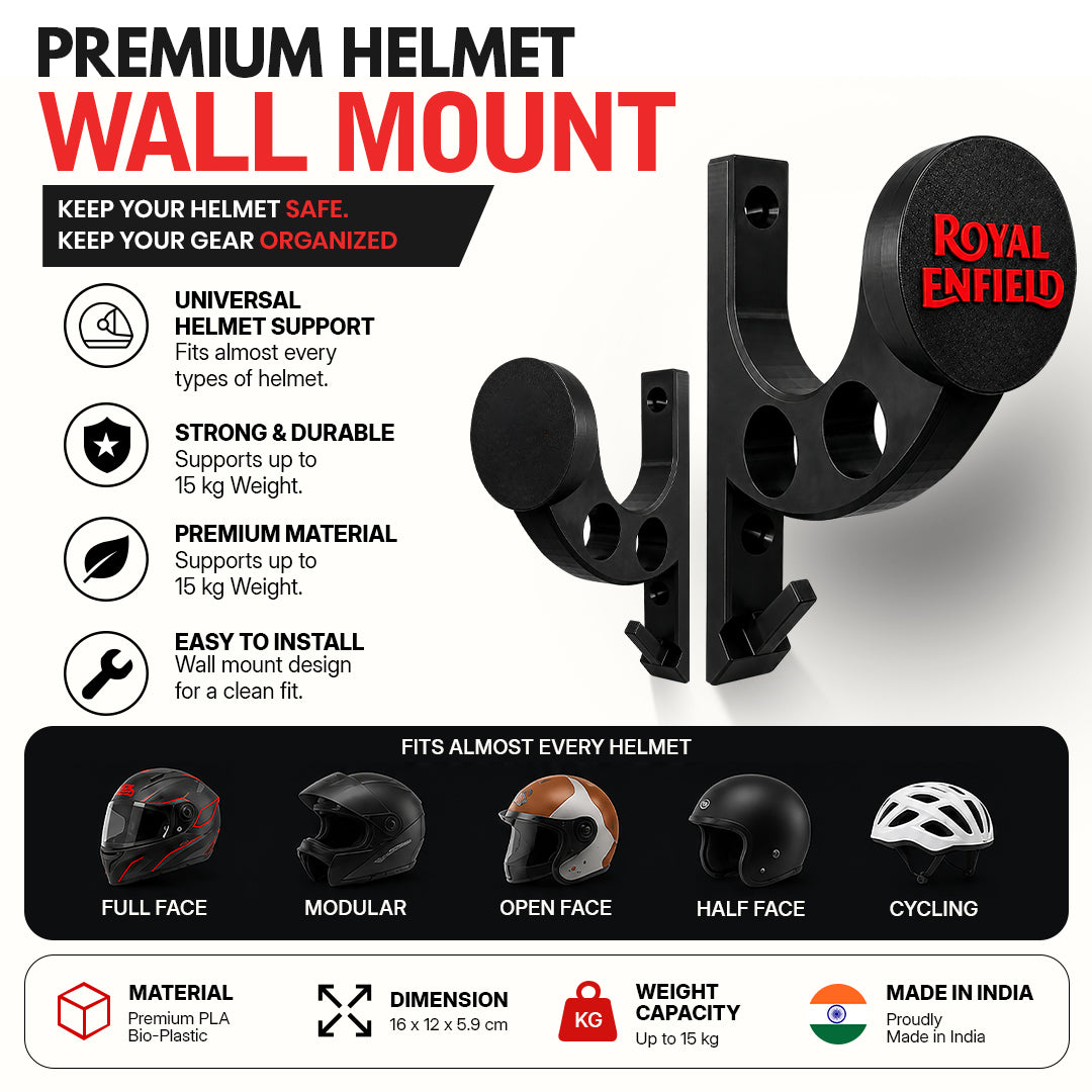 Premium Helmet Holder - Heavy Duty Stand with Dual Hanger Loops & Utility Hook (Matte Black & Red)