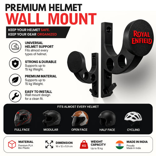 Premium Helmet Holder - Heavy Duty Stand with Dual Hanger Loops & Utility Hook (Matte Black & Red)