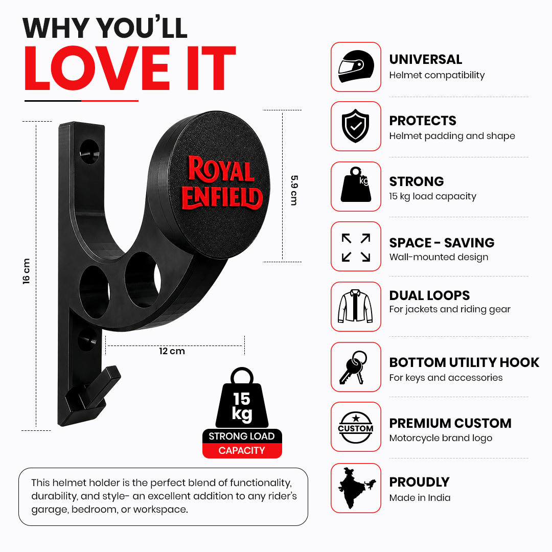 Premium Helmet Holder with Dual Hanger & Utility Hook